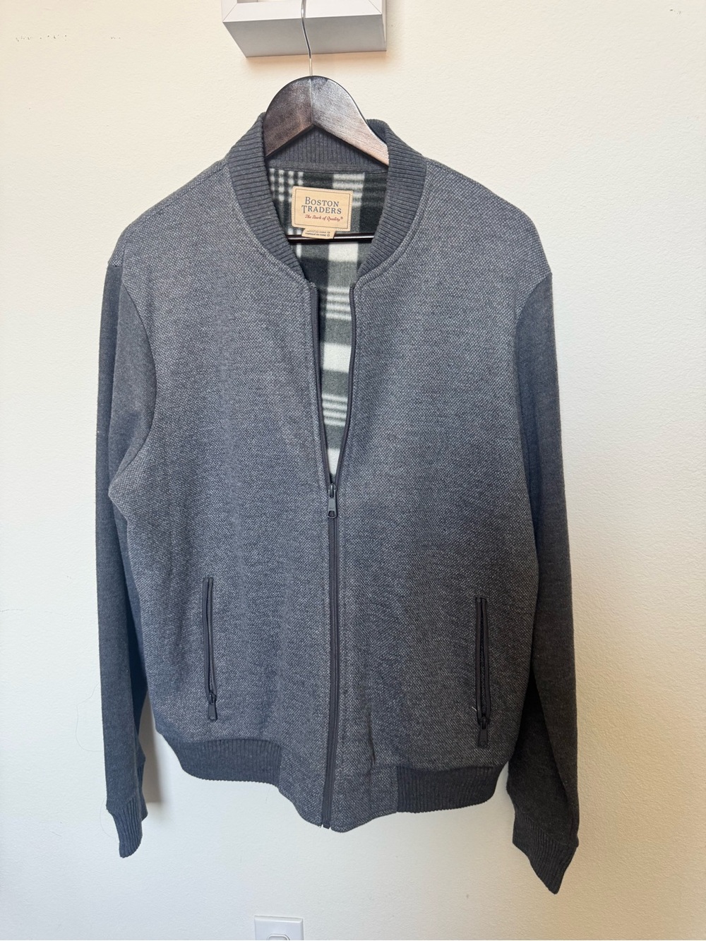 Boston Traders Navy and Cream Plaid Lined Knit Jacket